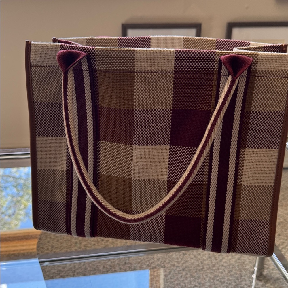 Boden Checkered Tote with Brown Trim